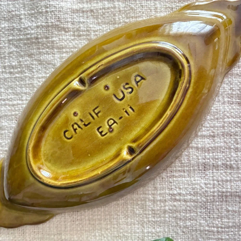 Vintage 1960s Ashtray Olive Green Blue Drip Glaze MCM Calif Pottery USA E9-11